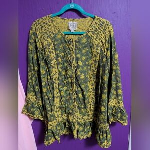 97. LOGO LAB By Lori Goldstein Green Yellow Floral Hook Closure Blouse 1X 16 18